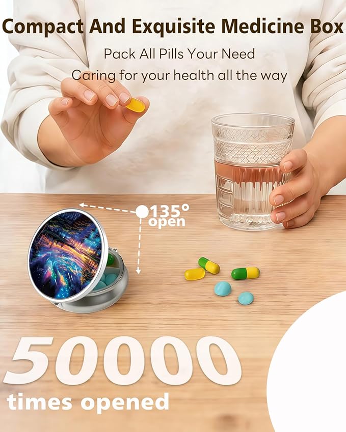 LRITER Pill Case, Portable Travel Pill Box, Pillbox Organizer, Cute Small Medicine Storage Container, Purse Accessories for Women, Men (Aurora Tree)