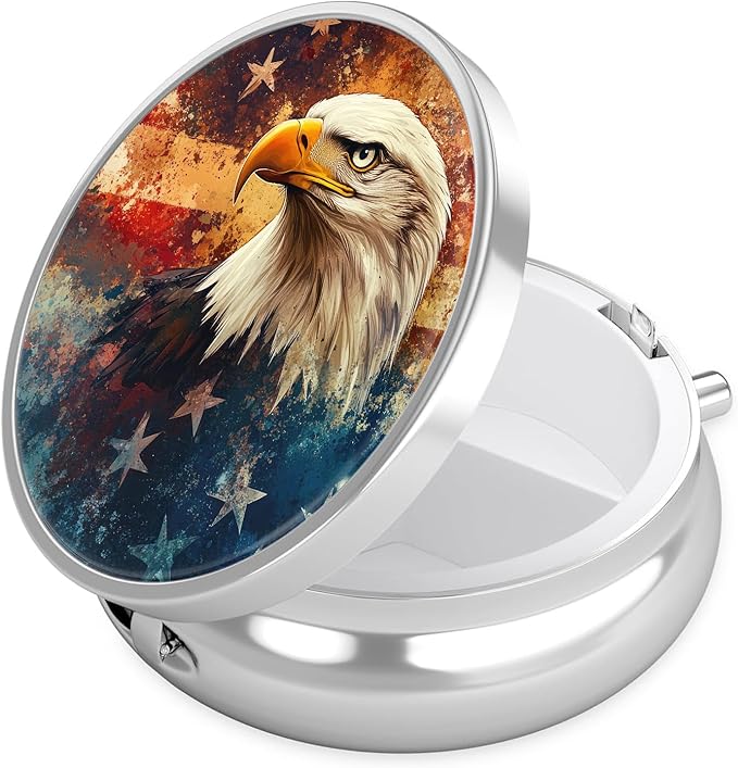 American Flag Eagle Pill Case, Pill Box 3 Compartments Metal Small Pill Holder with Mirror Mini Travel Pill Container for Purse Pocket Women Men