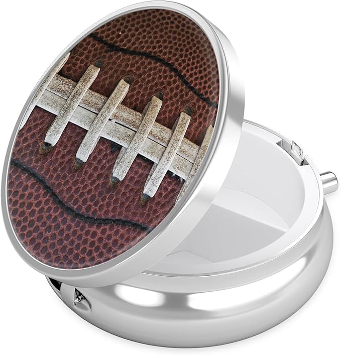 American Football Pill Case, Ball Lover Pill Box 3 Compartments Metal Small Pill Holder with Mirror Mini Travel Pill Container for Purse Pocket Women Men