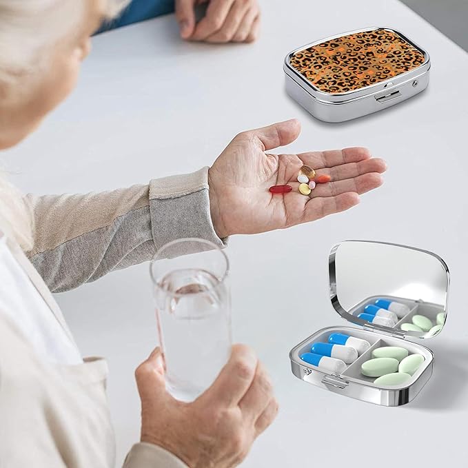 Pill Box-2 Compartment Small Pill Case Square Organizer Case with Mirror Portable Metal Medicine Box Travel Container for Pocket & Purse Women Men(Brown Leopard)