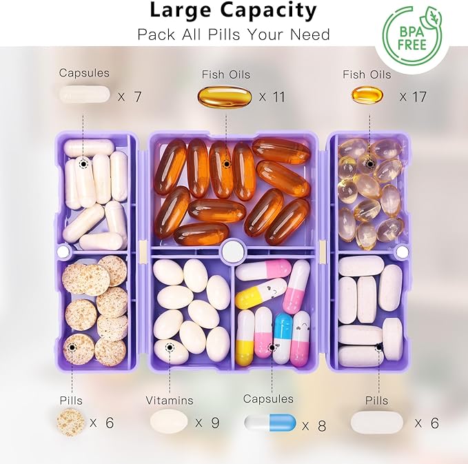 FYY Daily Pill Organizer, 7 Compartments Portable Travel Pill Case, [Folding Design] for Purse Pocket to Hold Vitamins,Cod Liver Oil,Supplements and Medication-Purple