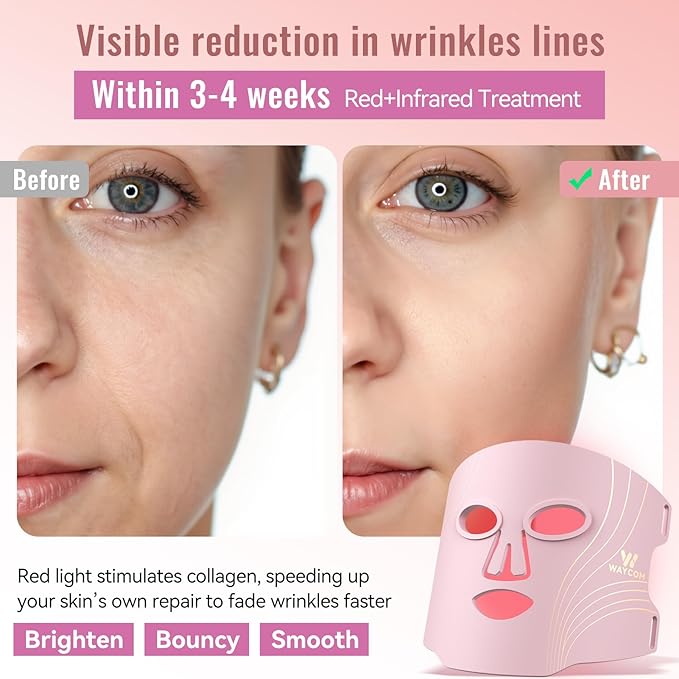 WAYCOM Red Light Therapy for Face: FDA-Cleared 4-Modes Portable LED Light Therapy Mask for Skincare - 400 Beads 850nm Infrared & Red Light Mask at Home with Timing Function Remote & Eye Protection