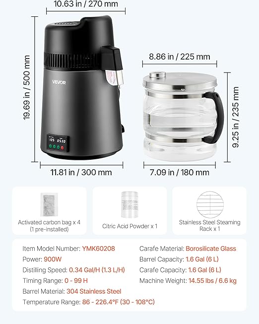 VEVOR Water Distiller, 6L/1.6 Gallon Larger Pure Water Purifier Filter for Home Table Countertop, 900W Glass Pot Distilled Maker, Stainless Steel Interior Drinking Machine to Make Clean Water