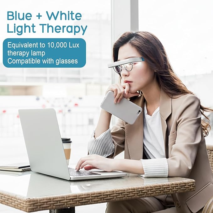 Light Therapy Glasses, Blue-White UV-Free Light Therapy Lamp, Portable Daylight Lamp, Wearable Sunlight Lamp, Boost Energy, Relief for Sleep Problems, Jet Lag, Equivalent to 10000 Lux