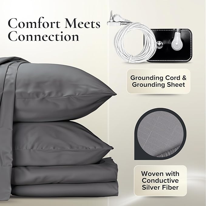 Earthing Grounding Sheets Twin Size(Grey) - 400 Thread Count Soft Earthing Sheets w/Cotton, Silver Fiber - Reinforced Grounding Cord for Conductivity – Ideal Grounding Bed Sheets for Better Sleep