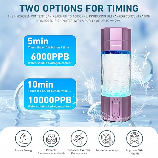 New Upgrade 10000PPB Hydrogen Water Bottle SPE/PEM Technology Seven Colorful Light Double Anti-Slip and Leak-Proof Hydrogen Water Generator with LCD Display (Purple, H80)