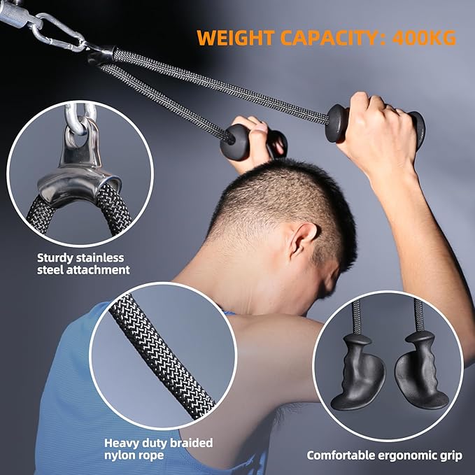 Tricep Rope 27 & 36 inches 2 Colors Fitness Attachment Cable Machine Pulldown Heavy Duty Coated Nylon Rope with Solid Rubber Ends