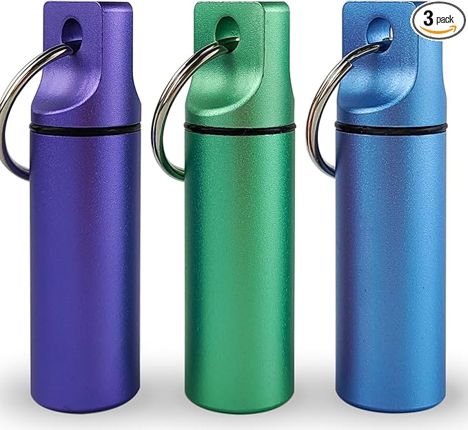 Small Pill Organizer Box Waterproof Keychain Pill Holder Portable Travel Pill Container Metal Case with Keyring for Outdoor Camping Travel