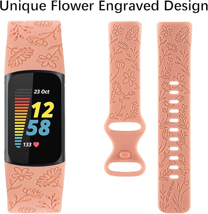 Flower Engraved Bands Compatible with Fitbit Charge 5 Band/Charge 6 Bands Women Cute Floral Engraving Soft Silicone Sport Strap Replacement Wristband for Fitbit Charge 5/6 Tracker Accessories
