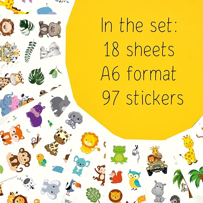BulbaCraft 100Pcs Safari Animal Stickers, Jungle Stickers, Safari Party suppliess, Jungle Birthday Party Decorations, Gifts for Women & Men