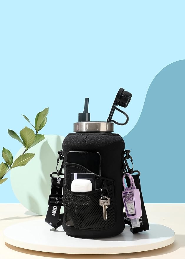 H2O Capsule 2.2L Half Gallon Wide Mouth Water Bottle with Storage Sleeve and Removable Straw - Hydration Tracker Jug with Measurements Marked – Shatterproof BPA-Free, (Jet Black)