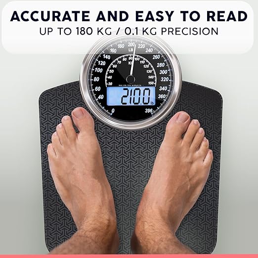 Adamson Hybrid 2-in-1 Analog & Digital Weighing Scale for Body Weight up to 400lbs - Thick Tempered Glass - Extra Large Display - Easy to Read Digital Bathroom Scale - New Version - Black Matrix