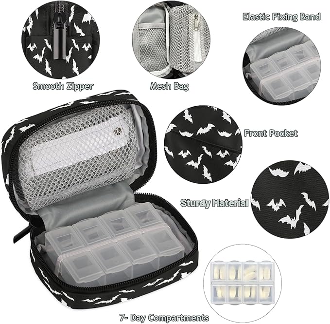 Black White Bat Travel Pill Organizer Box Weekly Portable Pill Case Daily Pills 7 Day Small Birth Control Pills Container Removable Compartments for Medicine Vitamins Fish Oil