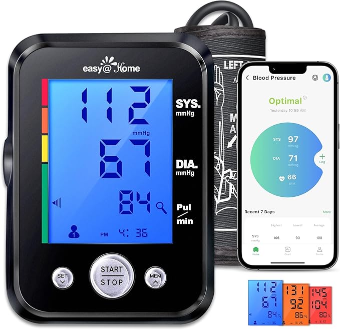 Easy@Home Blood Pressure Monitor: Accurate Cuff Automatic Blood Pressure Monitor with Free App MyHeartPal - 3 Color Backlit Display 8.7”-16.5” Large Cuff, Not Bluetooth EBP-095 Black