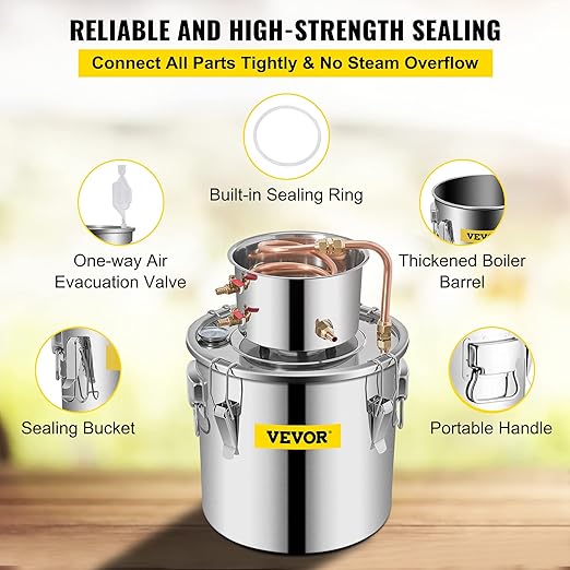 VEVOR Alcohol Still 3Gal/12L Alcohol Distiller Stainless Steel Distillery Kit for Alcohol With Copper Tube Home Brewing Kit Build-in Thermometer for DIY Whisky Wine Brandy