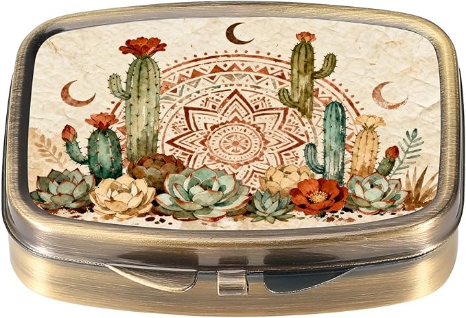 Dynippy Pill Case Pill Box with Mirror Retro Pocket 2 Compartment Medicine Case Vitamin Pill Organizer for Pocket Purse and Travel (A-Desert Moon Cactus)
