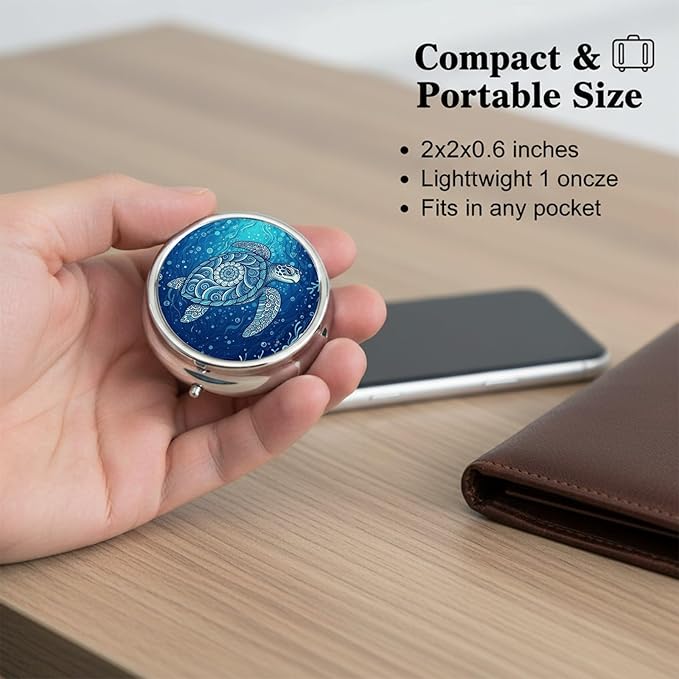 Round Pill Case Small Pill Box with Mirror Pocket 3 Compartment Vitamin Pill Medicine Case Organizer Pill Containers for Traveling Sea Turtle Wave One