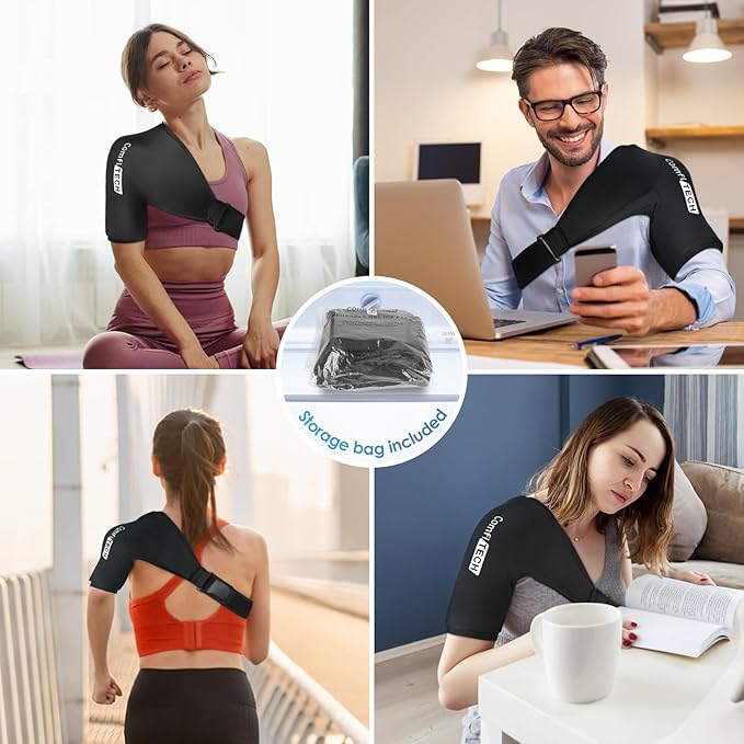 Comfitech Shoulder Ice Pack Wrap Sleeve for Better Putting On & Off, Reusable Gel Cold Pad for Arm, Medium, Black