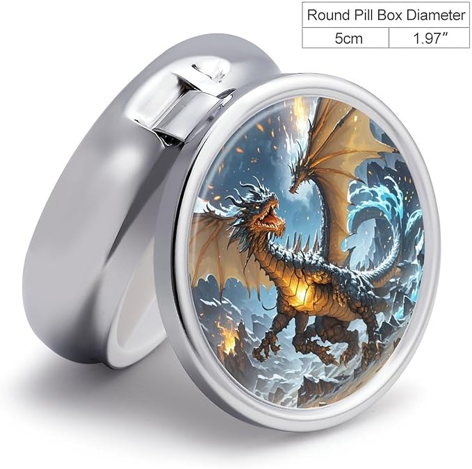 Fire and Ice Dragons Pill Box Travel Pill Case for Purse Pocket Weekly Medicine Organizer with Mirror 3 Compartment Round Medicine Case Portable PillcaseHolder for Daily
