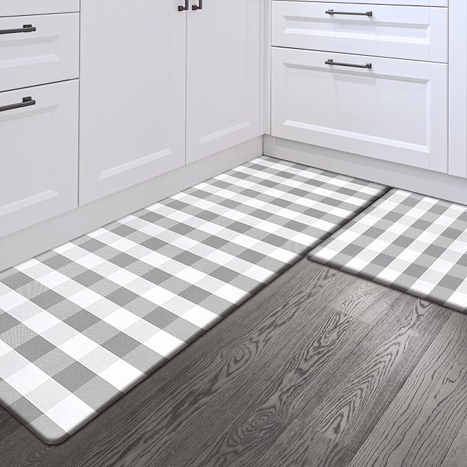 Sunlit Set of 2 Anti Fatigue Kitchen Floor Mat, Non Slip Waterproof Comfort Standing Mat, 0.4 Inch Thick Cushioned Farmhouse Kitchen Rug Runner, Gray and White Buffalo Plaid(Size:17"x28"&17"x47")