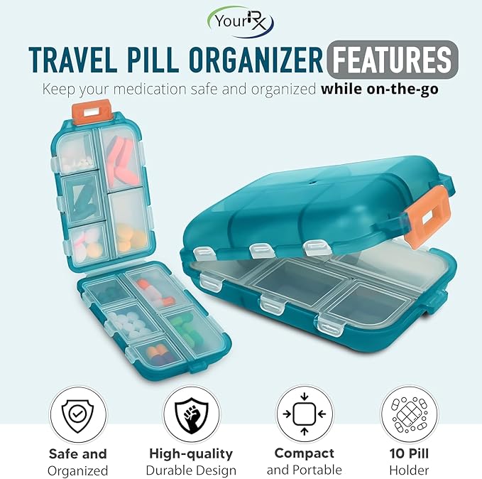 Travel Pill Box – Travel Pill Organizer – Compact Portable Pill Case with 10 Compartments – Pill Case for Purse, Pocket – Durable Daily Pill Organizer for Vitamins, Supplements (Peacock)