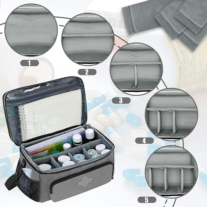 Medicine Storage Bag, Medical Bag Pill Bottle Organizer for Emergency, Medicine Box Empty with Small Portable Pouch, First Aid Box for Travel and Home Storage, Grey