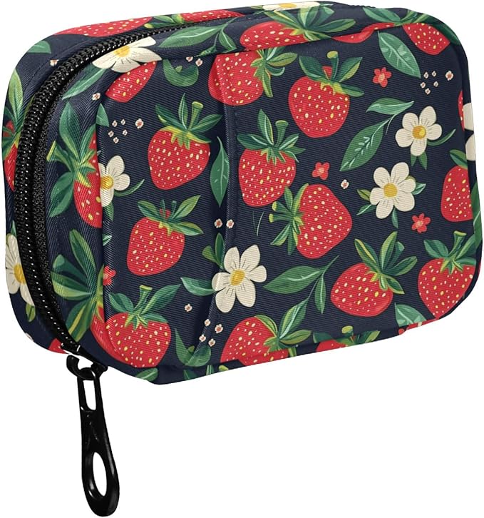 Fustylead Hand Draw Red Strawberry and Beautiful Floral Pill Organizer for Purse, Weekly Portable Pill Box with Zipper to Storage Vitamins Fish Oils Medications Supplements