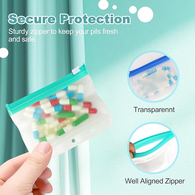 14 Pieces Pill Organizer Pouches, Suitable for A8 Loose-Leaf Pill Storage Bags, BPA Free, 3.4" × 4.3" Reusable Zipper Pouch, Small Item Storage Pouch with Slide Lock