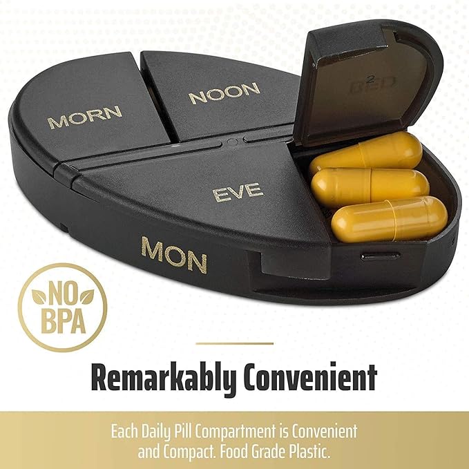 Weekly Pill Organizer - 2Pack - 4 Times-A-Day, Daily Stackable Medication Reminder - Weekly AM/PM Pill Box with 7 Individual Stacking Cases, a Everyday Medicine Organizer for Vitamins, Black & Gold