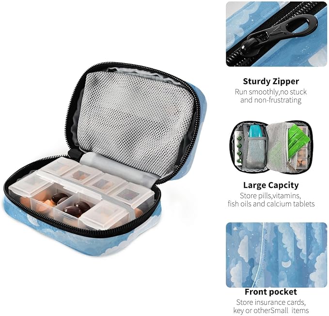 Blue Gradient Cloud and Stars Travel Pill Organizer Case Box Container Weekly Portable Vitamin Medicine Holder Storage Bag with Zipper Removable