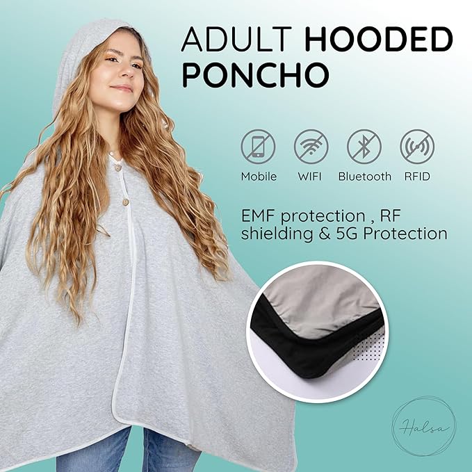 EMF Protection Poncho, Wrap. Wearable Blanket with Hood. Block EMF, RF, WiFi, Bluetooth. 72"x28". Grey Color. For Men and Women.