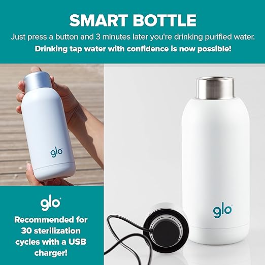 Glo - UV Water Smart Bottle | Eliminates Bad Odor and Taste | Double Insulation Stainless Steel BPA Free 400ml | Keeps Water Hot 12h and Cold 24h | Perfect for Camping Hiking Cycling and Survival