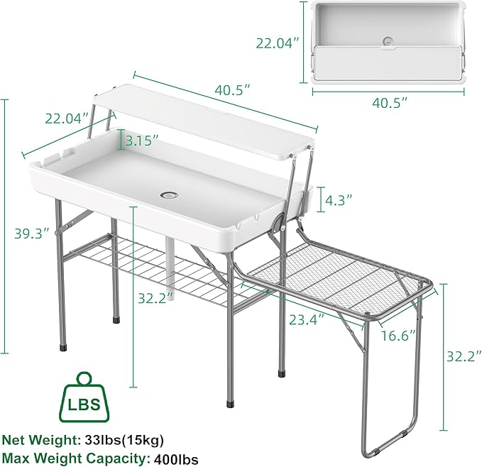 Allpop 2 Tiers Folding Ice Cooler Table with Matching Skirt & Extanded Stand, Portable Party Table with Grid Rack & Drain Hose for Patio Picnic Camping Wedding, White