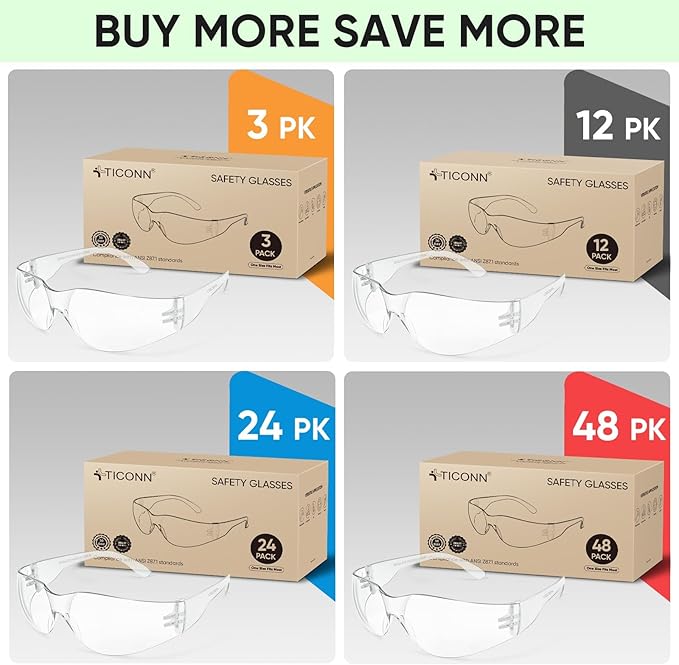 TICONN Clear Safety Glasses for Men and Women, Safety Goggles with Scratch Impact Resistant Meets ANSI Z87.1 Standard