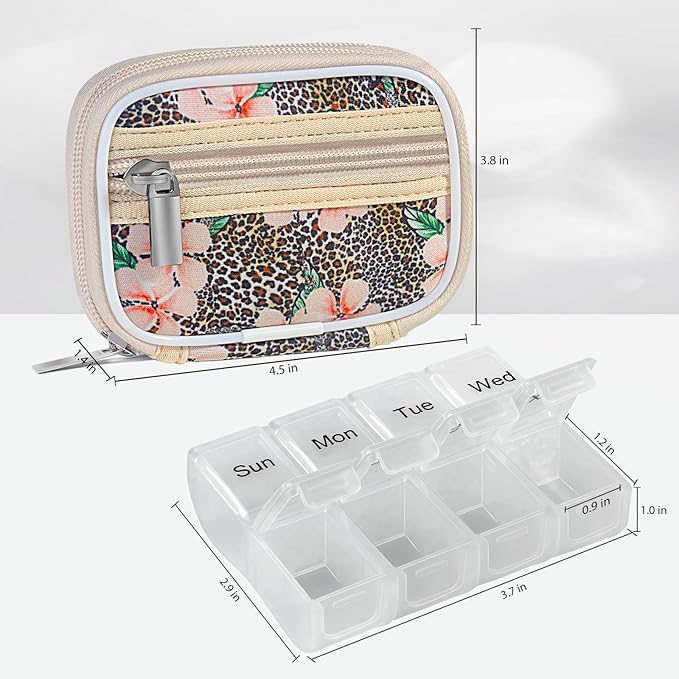 Pill Case Weekly Travel Pill Organizer for Purse with Removable 7 Day Pill Box Premium Neoprene Pill Container for Travel Purse Accessory, Vitamin, Supplement, Small Pieces Arrangement-Leopard
