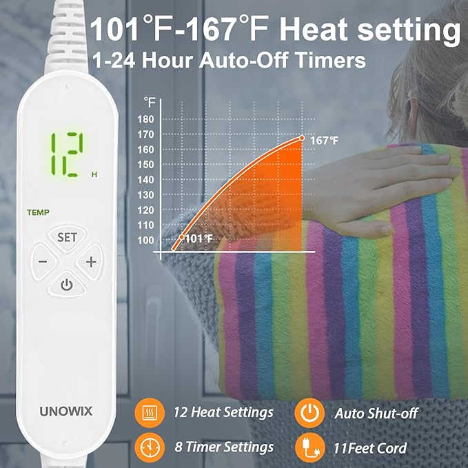 Electric Heating Pad for Back/Waist/Abdomen/Shoulder/Neck Pain and Cramps Relief - 12 Heat Levels, 8 Timers,Cute Plush Heat Pad, Machine Washable-Rainbow-Z(12" x 24")