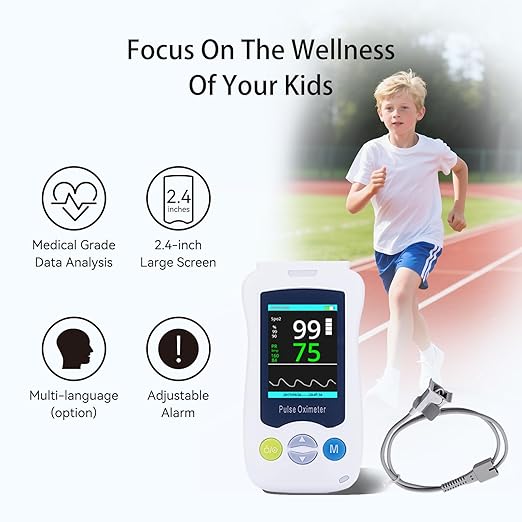 Handheld Pulse Oximeter for Kids, Medical Grade SpO2 Pulse Rate Oximeter Accurate Oxygen Monitor Children with Alarm and Continuous Monitoring, Portable and Support 500 Data Storage for Home