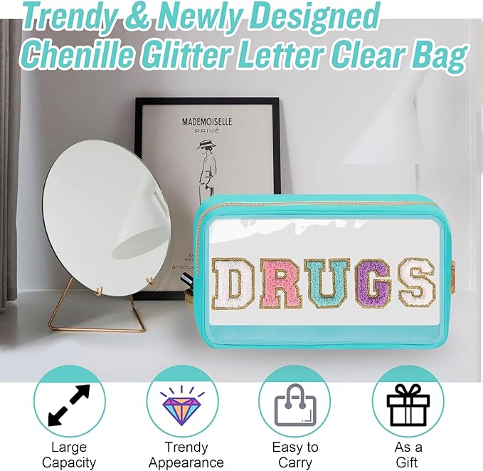 Chenille Letter Clear DRUGS Makeup Bag, Meds Travel Bag Small Preppy Makeup Pouch with Zipper, Transparent PVC & Nylon Waterproof Portable Glitter Cosmetic Toiletry Storage for Women Girl(DRUGS-Green)