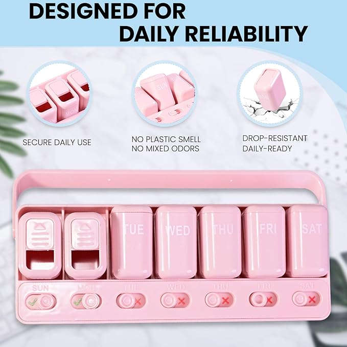Weekly Pill Organizer with Taken/Untaken Tracker – Never Forget or Double-Dose Your Medication, Large Daily Compartments for Vitamins & Supplements, Vitamin, Pink