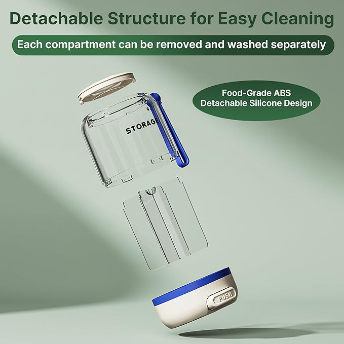 Pill Bottle Organizer Small Press-Type Daily Pill Case Box for Travel 4 Large Anti-Mix Compartments, BPA-Free Pill Container, Detachable Silicone Handle Blue