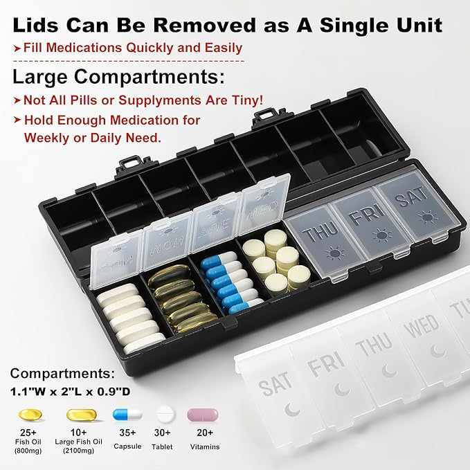 Foldable Pill Organizer 2 Times a Day w/Etched Labels -Dual Protection & Portable Weekly AM PM Pill Box, 7 Day Medicine Container, Large Travel Pill Case for Week Daily Supplement Vitamin - Black