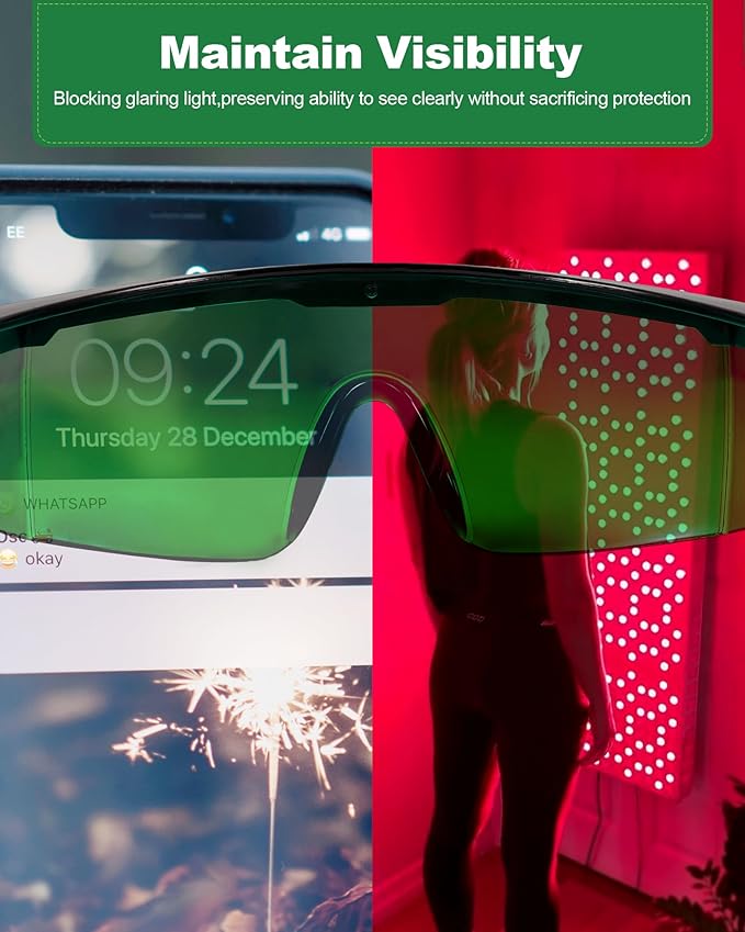 LIGHTMEUP Red Light Therapy Glasses Eye Protection for Infrared & LED Sessions Deep Green Goggles with 200-2000nm Harmful Wavelength Blocking, Maintain Visibility Full-Coverage Adjustable Leg 3 Pairs
