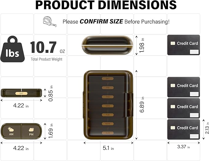 Weekly Pill Organizer 2 Times a Day, 7 Day Pill Box 2 Times, Portable for Travel Pill Case for Pills/Vitamin/Fish Oil/Medication/Supplements (2x7 Brown)