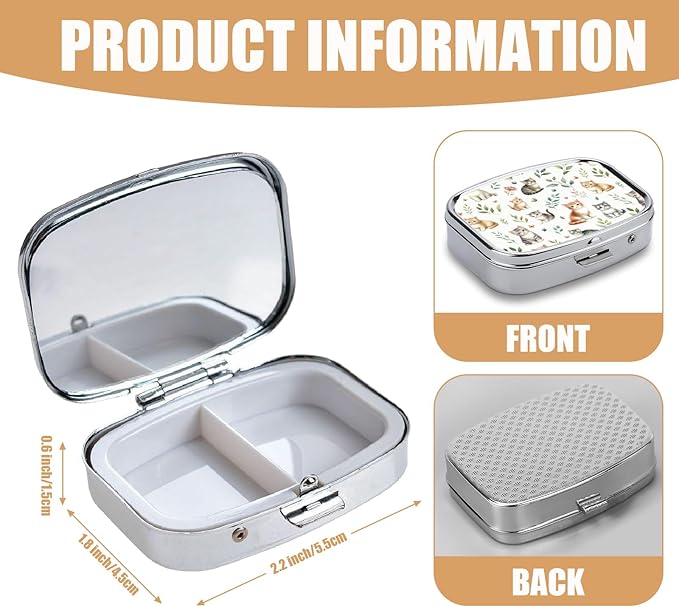 Pill Box-2 Compartment Small Pill Case Square Organizer Case with Mirror Portable Metal Medicine Box Travel Container for Pocket & Purse Women Men(Cat Lover)