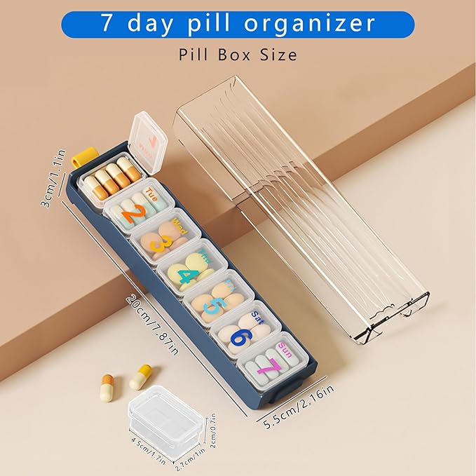 7 Day Pill Organizer, Large Capacity Weekly Pill Organizer, Pill Box Organizer with Separate compartments for Daily Medication Storage and Travel use (Blue)
