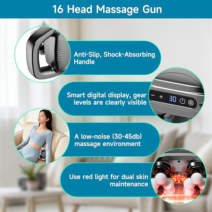 16-Head Massage Gun, 3 Modes & 30 Levels, Electric Massage Tool for Shoulder, Waist, Legs, Back Massager for Pain Relief Deep Tissue, Quiet & Powerful Full Body Massager, Ideal Gift for Men & Women
