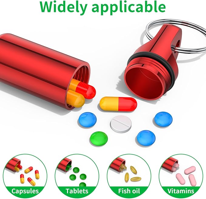 Small Pill Box Keychain, (4 Pack) Portable Keychain Pill Holder Aluminum Alloy Medicine Organizer Mini Metal Pill Case for Purse Waterproof Travel medication Container for Outdoor Camping Travel