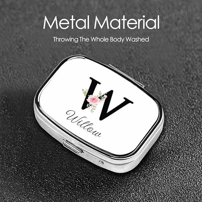 Custom Pill Box Personalized Square Small Pill Case with Mirror Add Your Photo Text Logo Name Decorative 2 Compartment Portable Metal Medicine Container Vitamin Organizer for Pocket Purse Travel (W)