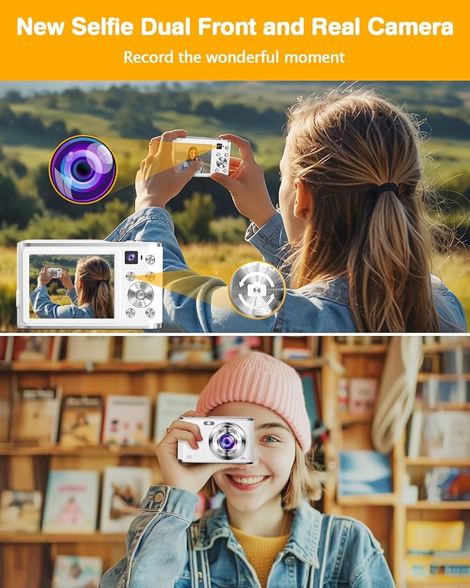 4K Digital Camera for Photography, 48MP Dual Cameras for Photography, 16X Digital Zoom Point and Shoot Cameras with 32GB Card & 2 Batteries Camera for Boys Girls Kids - White