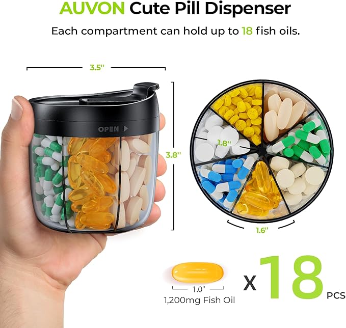 AUVON Pill Organizer with 7 Large Compartments, Portable Pill Box 7 Day with Wide Opening for Easy Use, Travel Pill Container for Medications, Vitamins, Fish Oils, Supplements